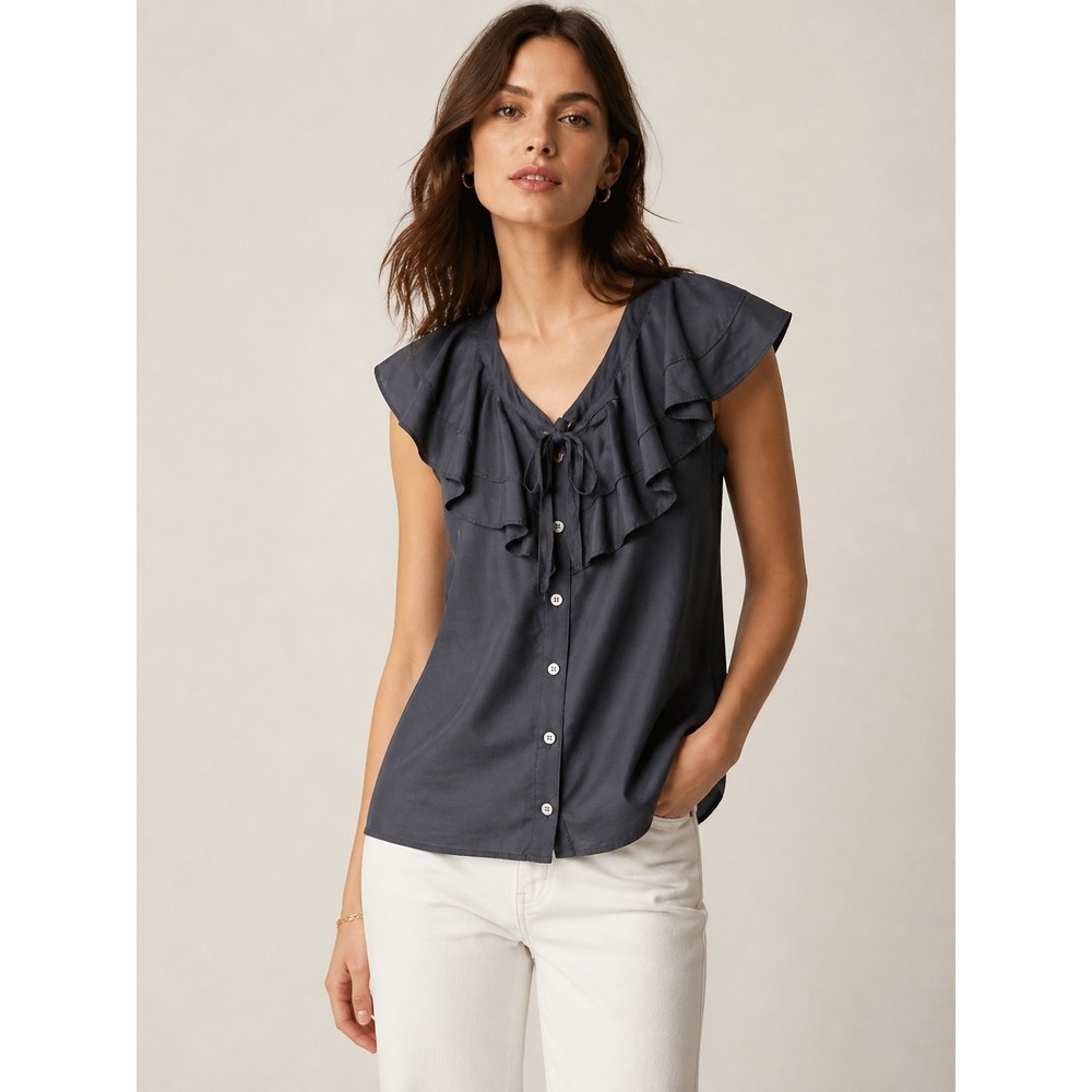 Banana Republic Womens Romantic Ruffle‎ Silk Cotton Button Top Gray S Sleeveless